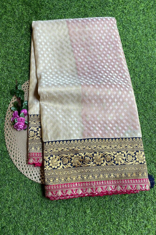 Off-White Gold Tissue Khaddi With Embroidery Border Saree, With Unstiched Blouse