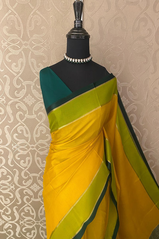 Mustard Yellow Mysore Crepe Silk Saree With Unstiched Contrast Blouse