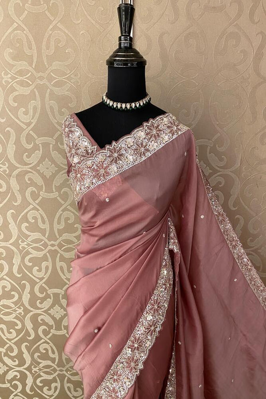 Dusty Rose pink tissue organza silk embroidery saree with unstiched blouse, perfect for party wear by Saarang Sarees.