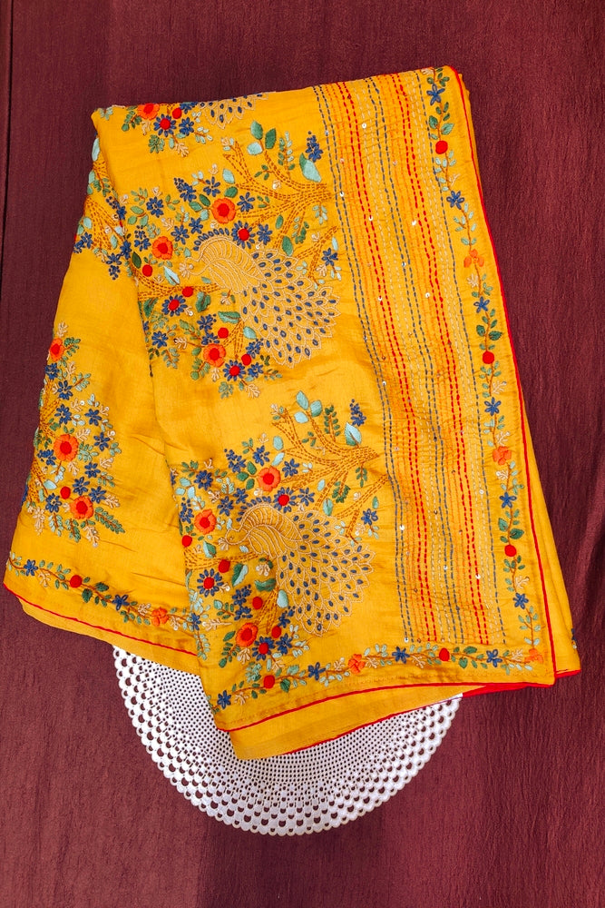 Mustard Yellow Semi Munga Silk French Knot Hand Embroidery Work Saree, With Unstiched Blouse