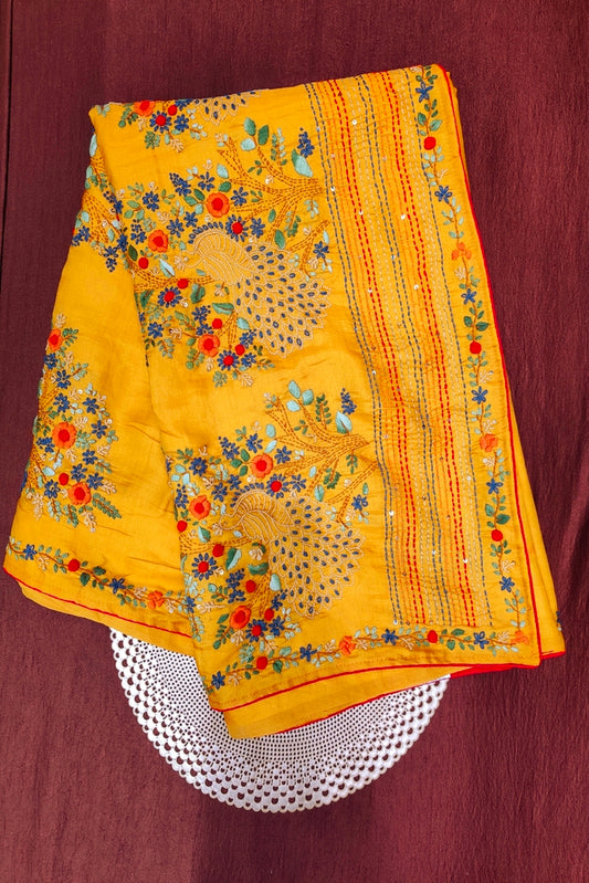Mustard Yellow Semi Munga Silk French Knot Hand Embroidery Work Saree, With Unstiched Blouse