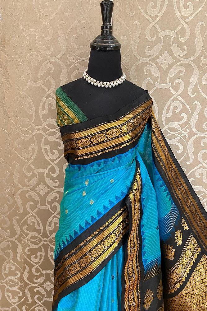 Blue Sico Gadwal saree by Saarang Sarees with matching unstiched blouse, traditional Indian wear with intricate zari work
