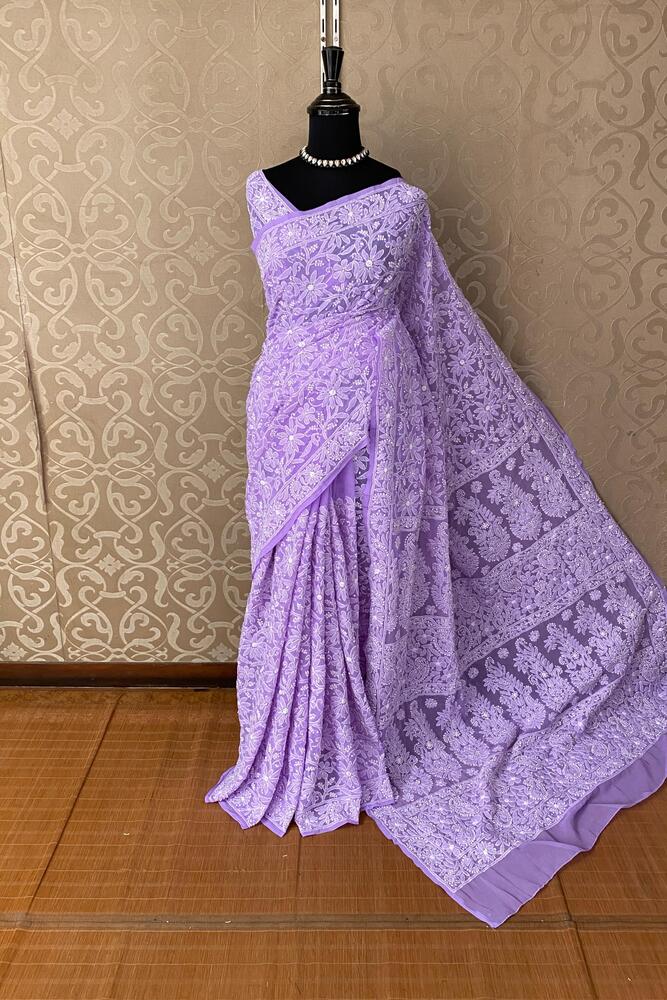 Lavender Georgette Hand Chikankari Work Saree, With Unstiched Blouse