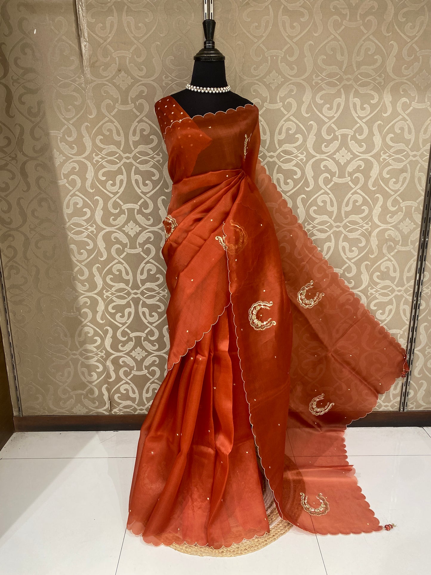 Burnt Orange Organza Saree With Ari Work, With Unstitched Blouse