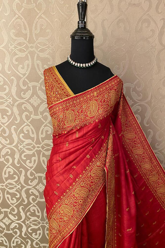 Cherry Red Tussar Embroidery Saree With Kashmiri Work Border, With Unstiched Blouse