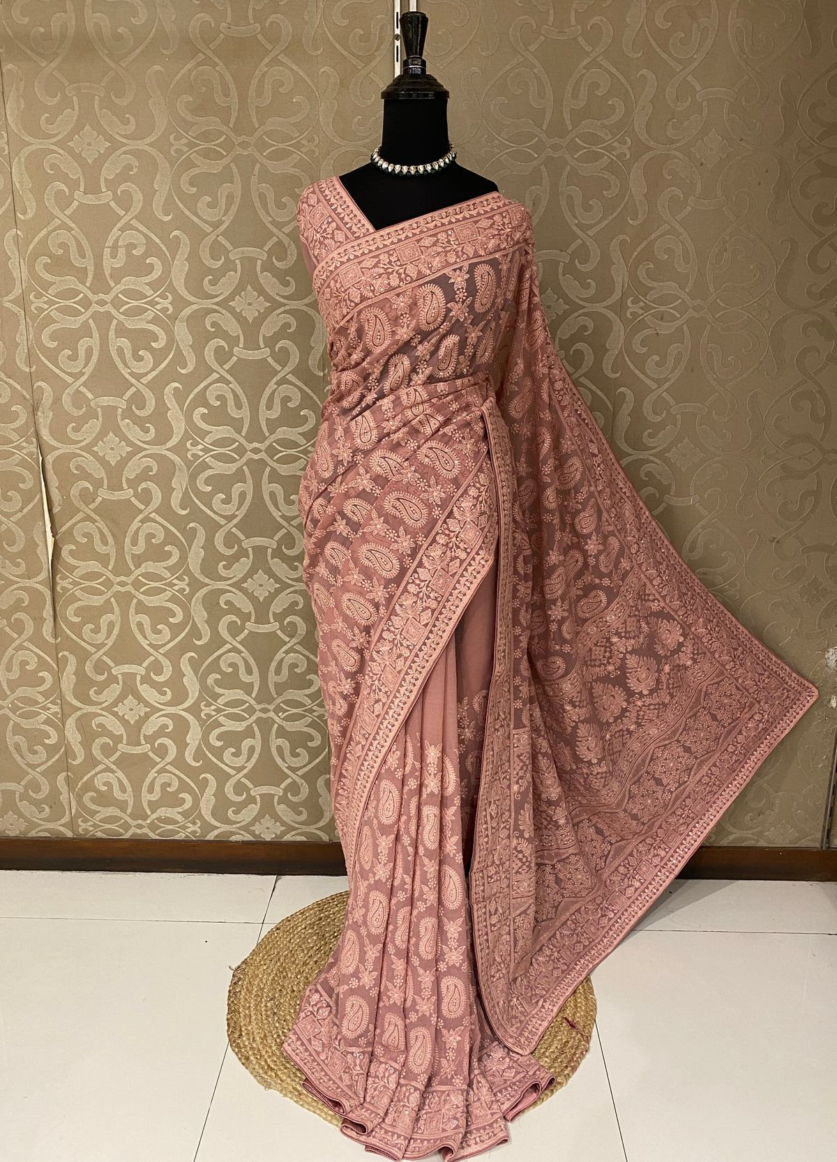 Mauve Georgette Chikankari Embroidery Saree, With Unstitched Blouse