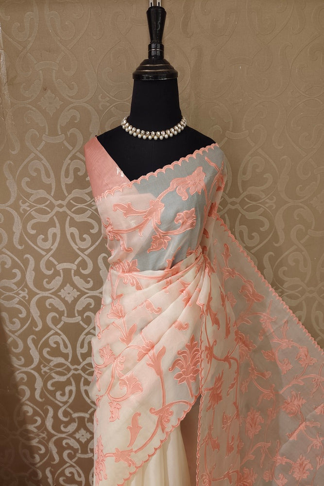 Off-White & Peach Organza Saree With Appliqué Work, With One Unstitched Blouse