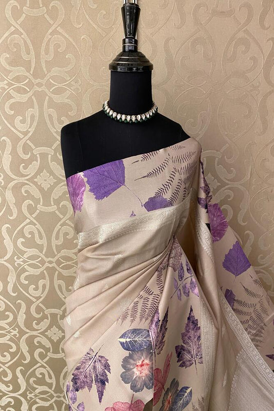 Beige Tussar Banarasi saree with digital mashru border, traditional wear by Saarang Sarees, showcasing intricate weaving and elegant design.