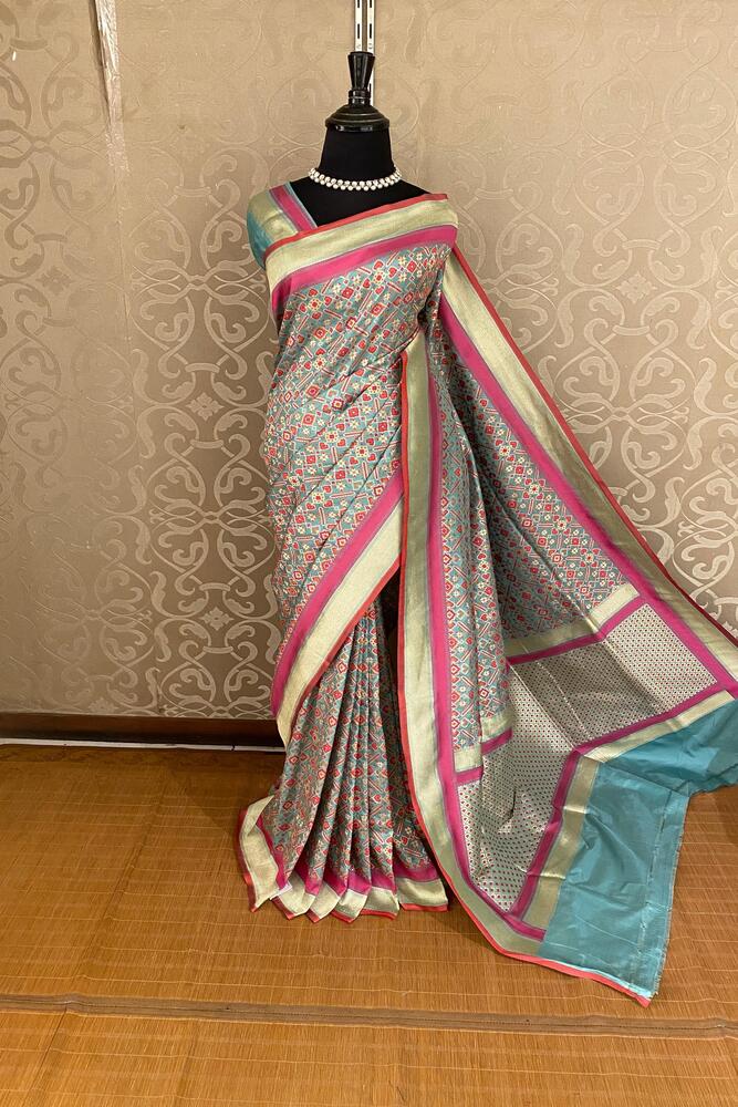 Grey Blue Banarasi Patola Silk Saree, With Unstiched Blouse