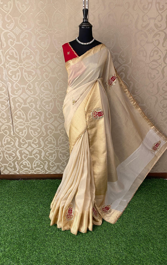 Offwhite Tissue Silk Embroidery Saree, With Unstiched Blouse