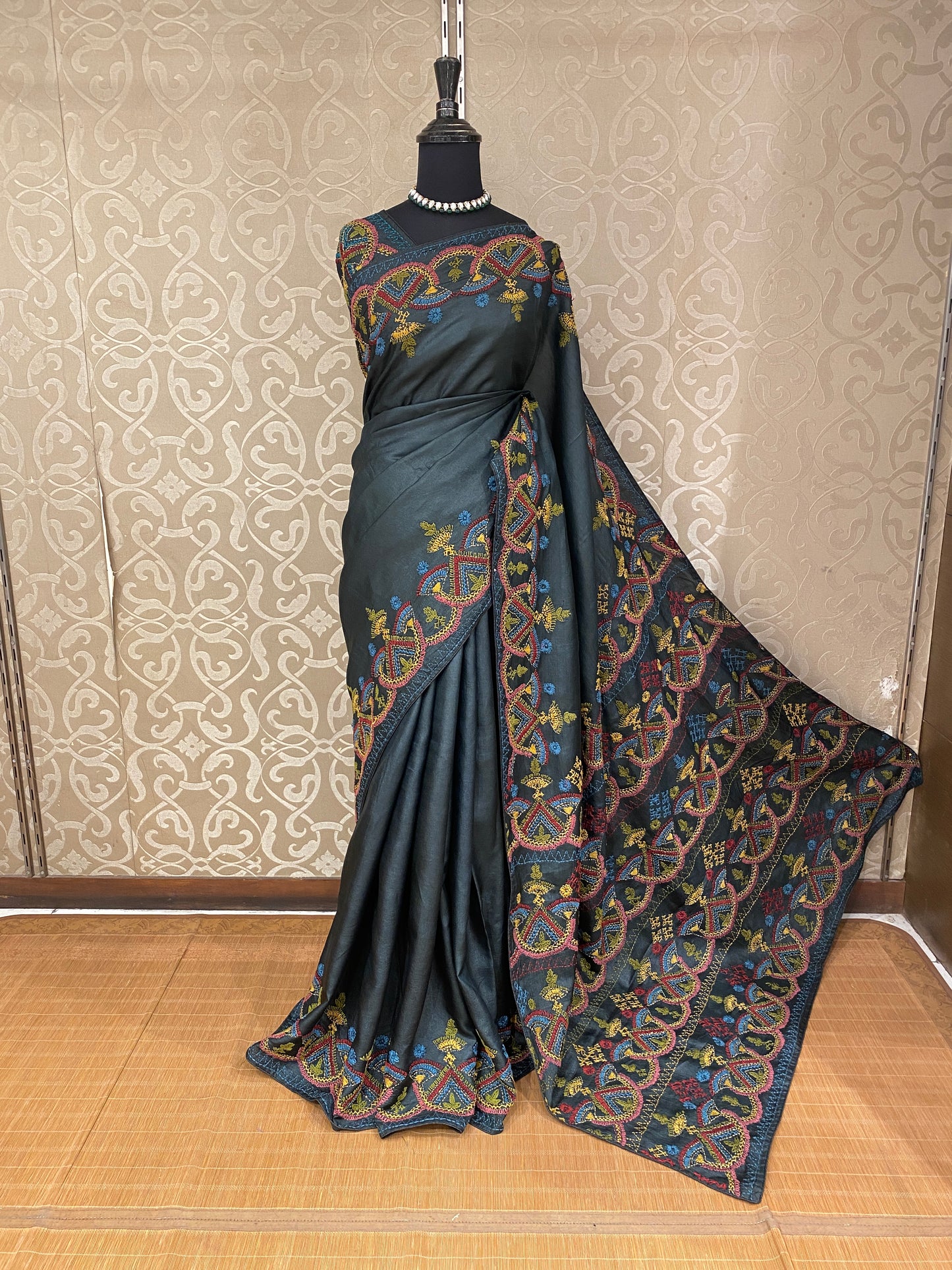 Black Tussar Embroidery Saree With Lambani Work Border, With Unstitched Blouse