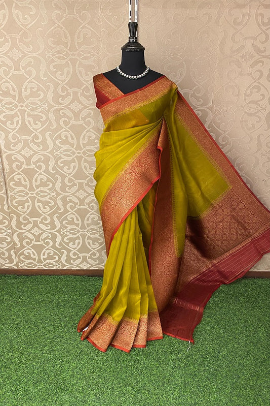 Lime Green Kora Banarasi Silk Saree, With Unstiched Blouse