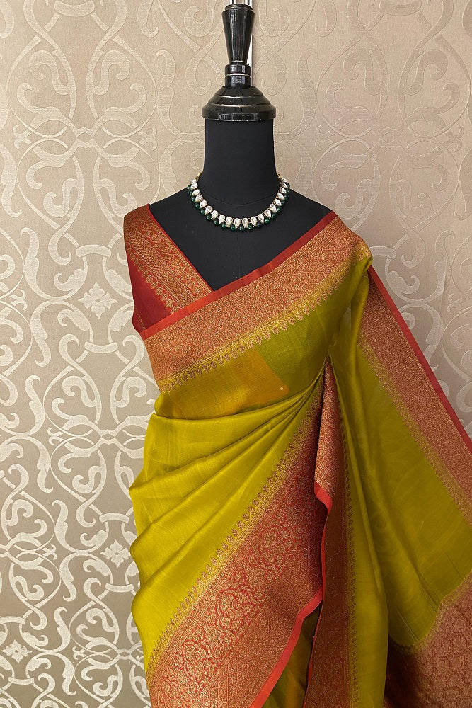 Lime Green Kora Banarasi Silk Saree, With Unstiched Blouse