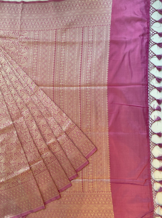Pink Semi Katan Brocade Silk Saree, With Unstiched Blouse