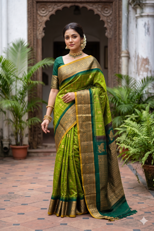 Green Gadwal silk saree with intricate traditional patterns and matching unstiched blouse, crafted by Saarang Sarees for elegant wear.