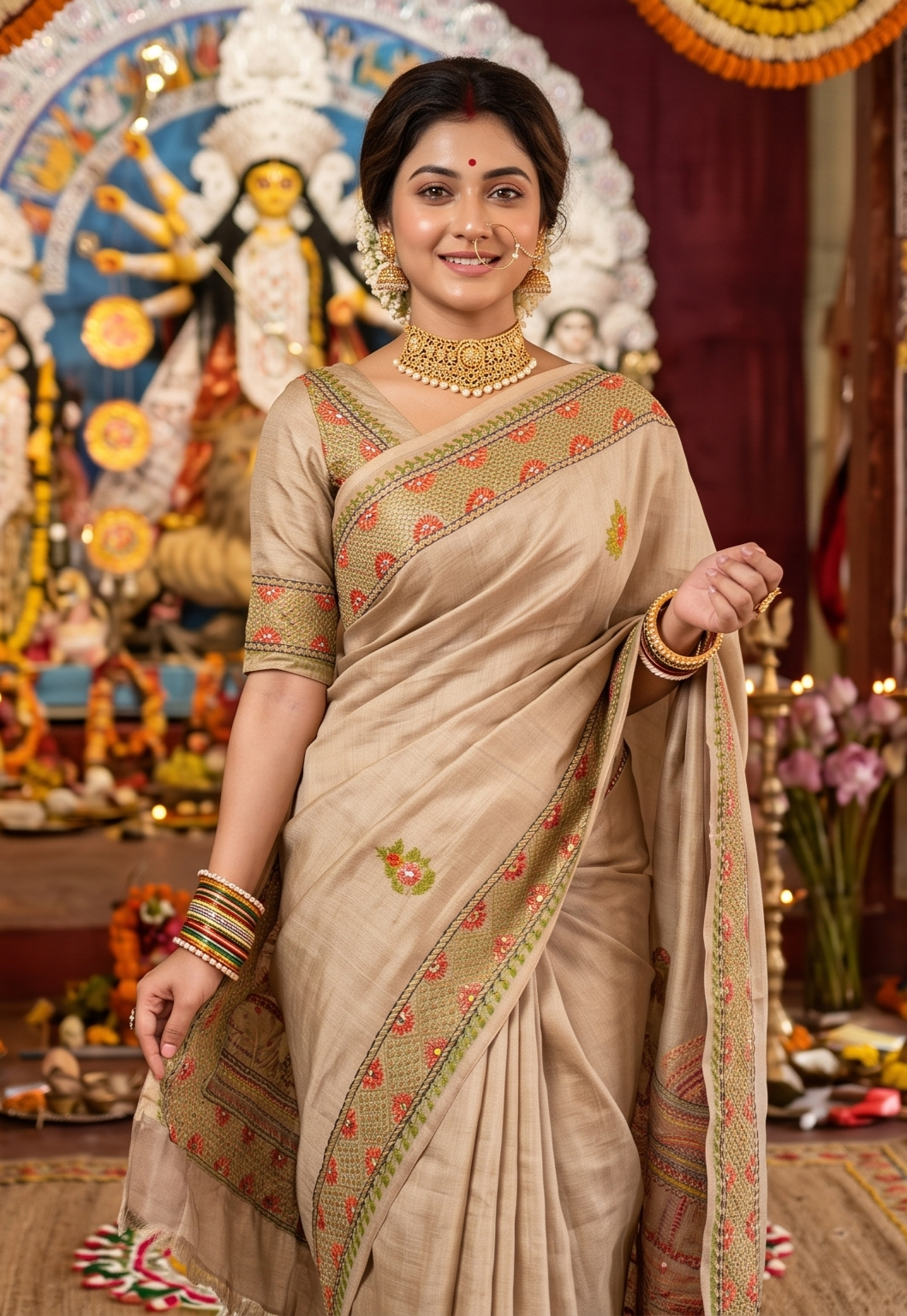 Off-White Tussar Hand Embroidery Saree, With Unstitched Blouse
