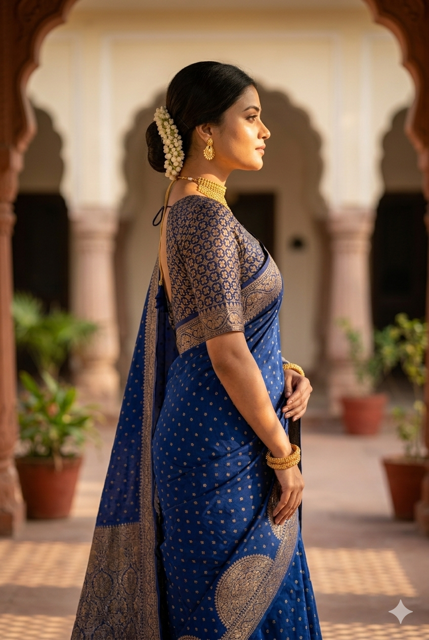 Blue crepe Khaddi Banarasi silk saree with intricate gold patterns and matching unstiched blouse, traditional wear from Saarang Sarees.
