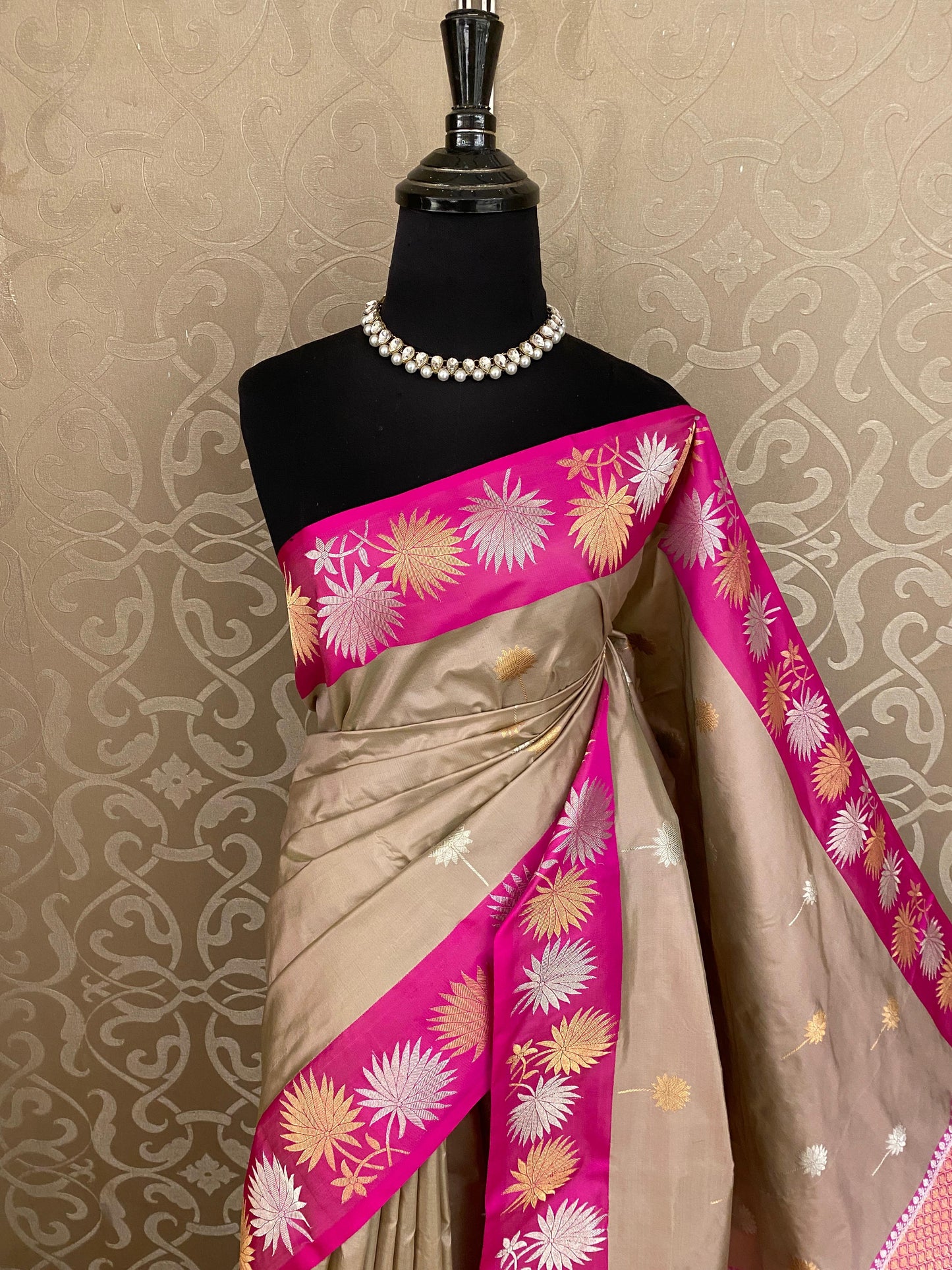 Deep Beige Katan Banarasi Saree Hand Woven Work, With Unstiched Blouse