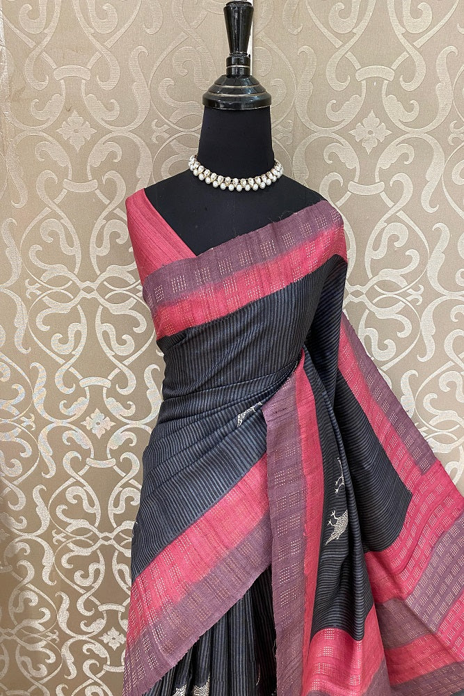 Dark Grey Tussar Silk Printed Saree, With Unstiched Blouse - Saarang Sarees