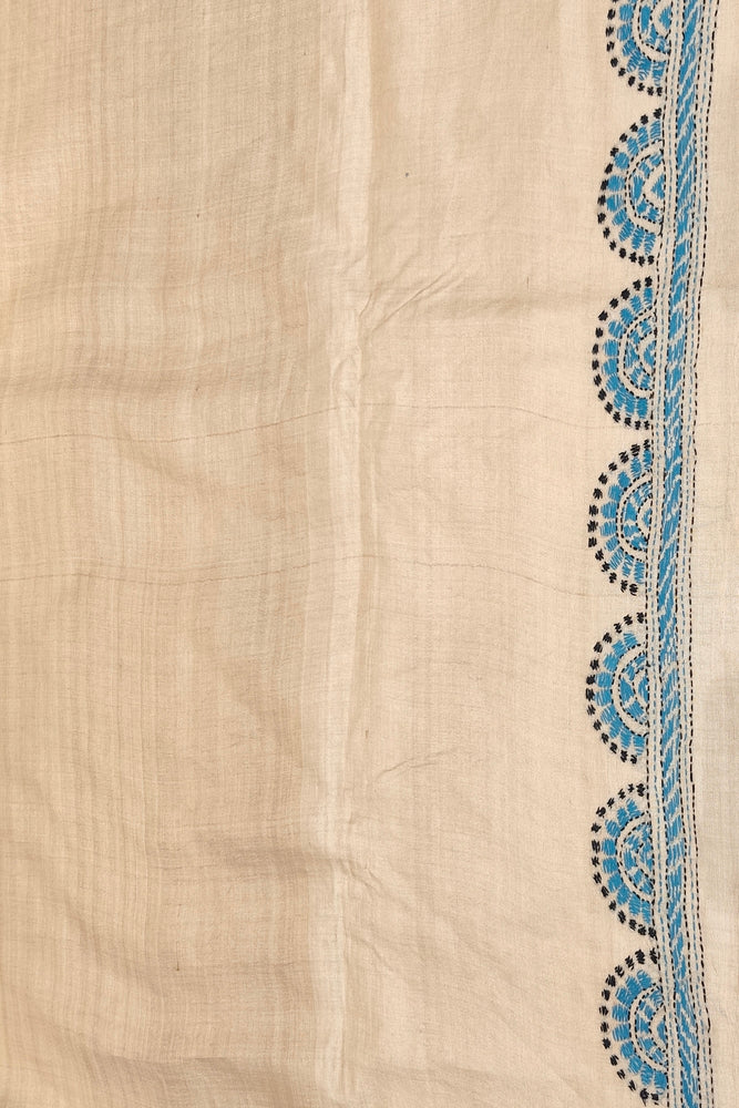 Beige Tussar Embroidery Saree With Kantha Work Border, With Unstitched Blouse
