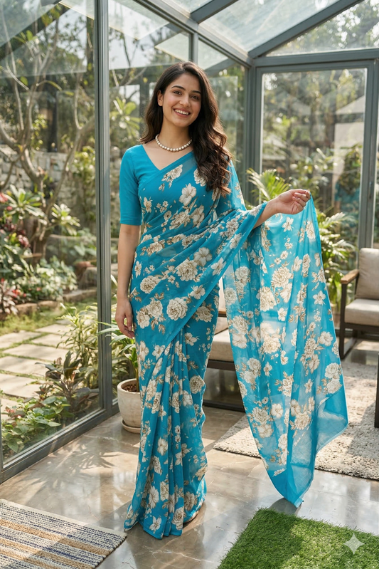 Royal blue floral printed chiffon saree with unstiched blouse piece, perfect for party wear by Saarang Sarees.