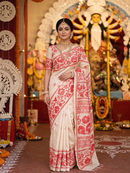 Beige Tussar Embroidery Saree With Kantha Work Border, With Unstitched Blouse