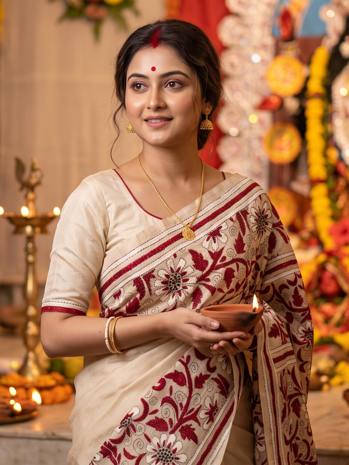 Beige Tussar Embroidery Saree With Kantha Work Border, With Unstitched Blouse