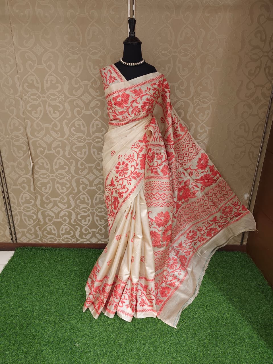 Beige Tussar embroidery saree with Kantha work border and unstitched blouse, traditional wear by Saarang Sarees.