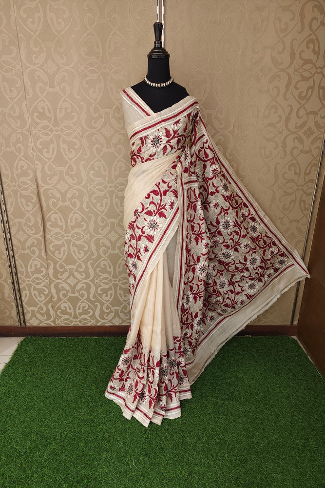 Beige Tussar Embroidery Saree With Kantha Work Border, With Unstitched Blouse