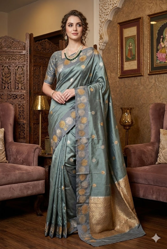 Grey Katan Banarasi Saree Hand Woven Work, With Unstiched Blouse