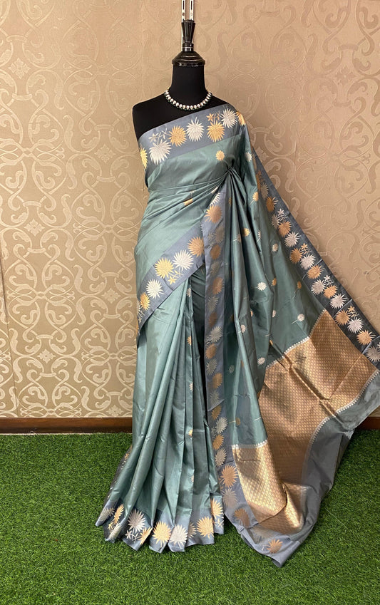 Grey Katan Banarasi Saree Hand Woven Work, With Unstiched Blouse