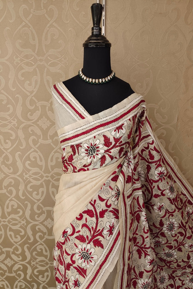 Beige Tussar Embroidery Saree With Kantha Work Border, With Unstitched Blouse