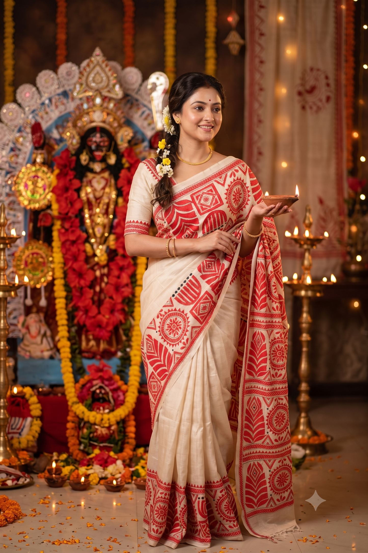 Beige Tussar Embroidery Saree With Kantha Work Border, With Unstitched Blouse
