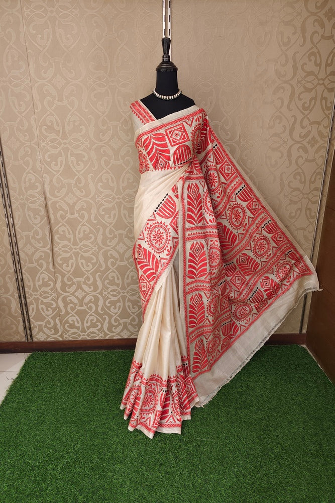 Beige Tussar Embroidery Saree With Kantha Work Border, With Unstitched Blouse