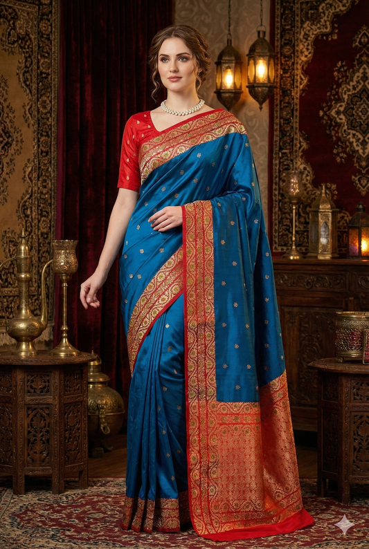 Royal Blue Katan Banarasi Saree Hand Woven Work, With Unstiched Blouse