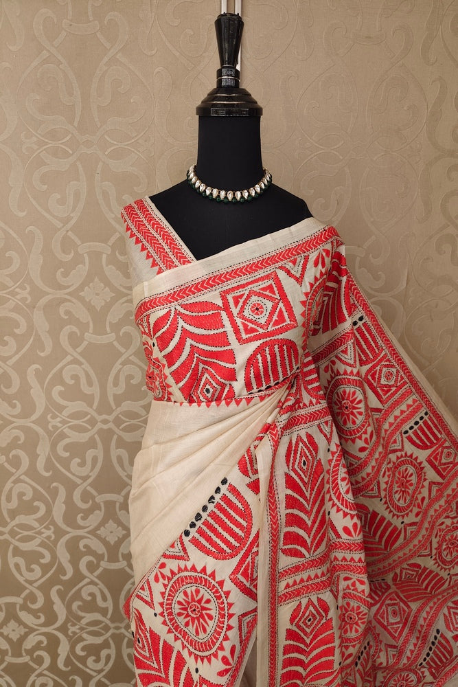 Beige Tussar Embroidery Saree With Kantha Work Border, With Unstitched Blouse