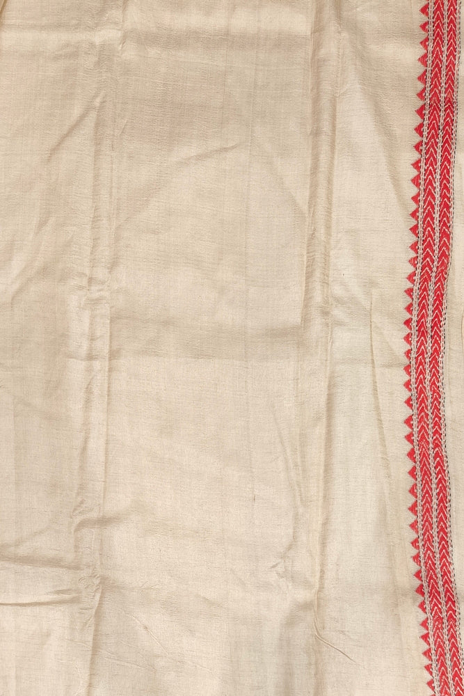 Beige Tussar Embroidery Saree With Kantha Work Border, With Unstitched Blouse