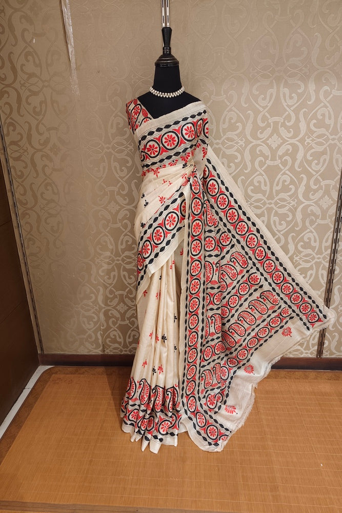 Beige Tussar Embroidery Saree With Kantha Work Border, With Unstitched Blouse