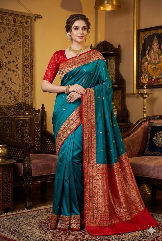 Teal Blue Katan Banarasi Saree Hand Woven Work, With Unstiched Blouse