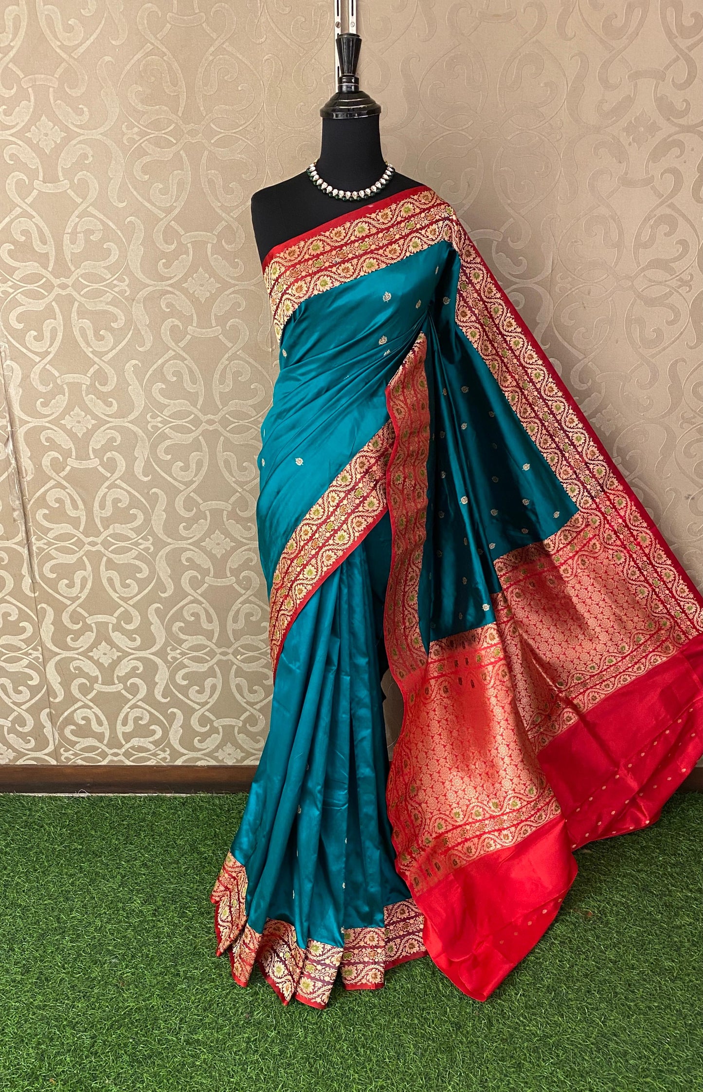 Teal Blue Katan Banarasi Saree Hand Woven Work, With Unstiched Blouse