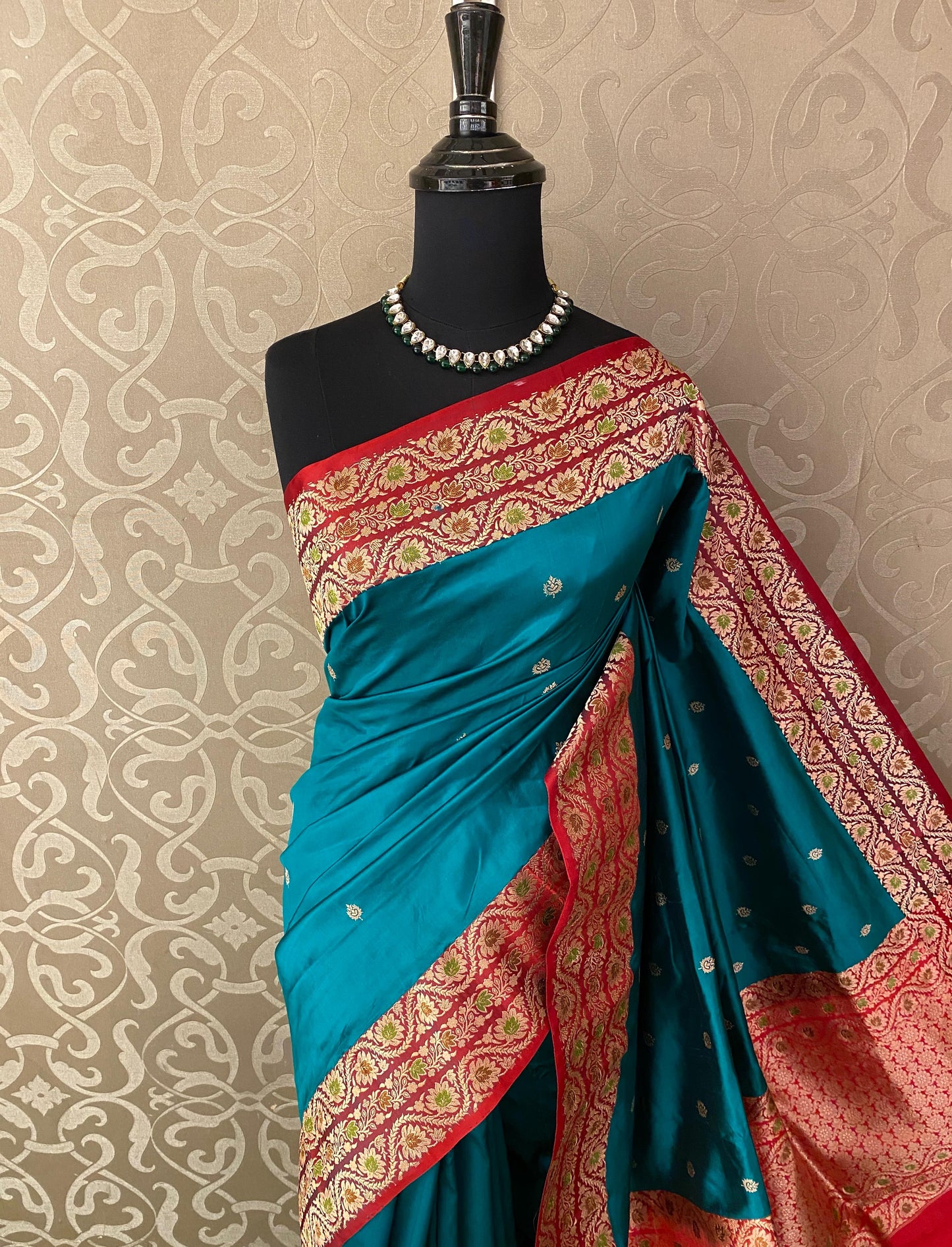 Teal Blue Katan Banarasi Saree Hand Woven Work, With Unstiched Blouse
