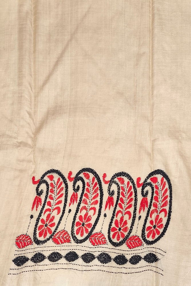 Beige Tussar Embroidery Saree With Kantha Work Border, With Unstitched Blouse