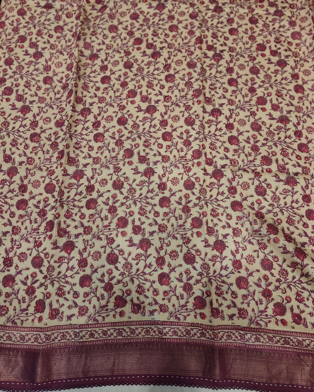 Blue Munga Silk Printed Saree With Kantha Work, With Unstich Blouse