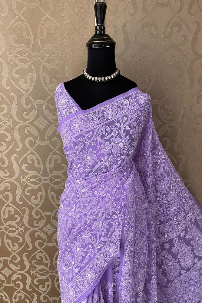 Lavender Georgette Hand Chikankari Work Saree, With Unstiched Blouse
