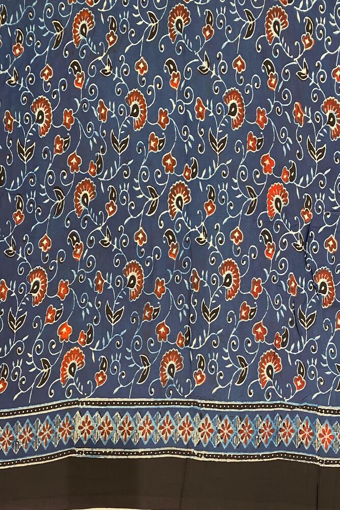 Deep Blue Pure Modal Silk Ajrakh Printed Saree With Unstiched Blouse
