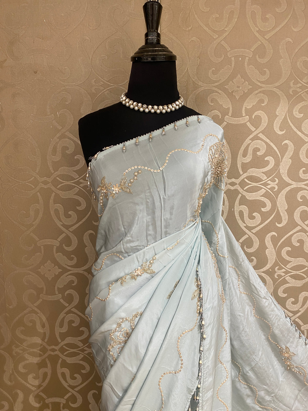 Light Firozi Organza Silk Embroidery Saree, With Readymade Blouse