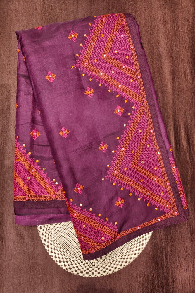 Deep Purple Semi Munga Silk Cross Stitch Work Saree, With Unstiched Blouse