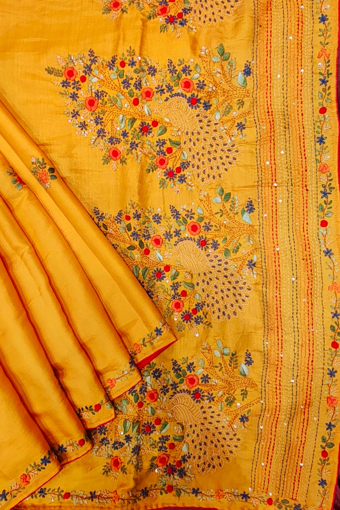 Mustard Yellow Semi Munga Silk French Knot Hand Embroidery Work Saree, With Unstiched Blouse