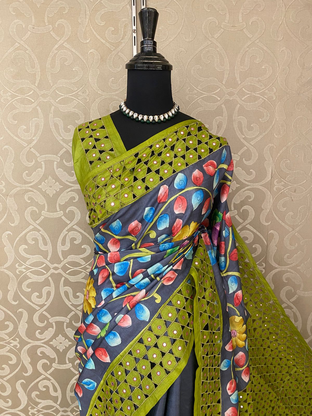 Deep Grey Tussar Kalamkari Print With Cutwork Border Saree, With Unstitched Blouse