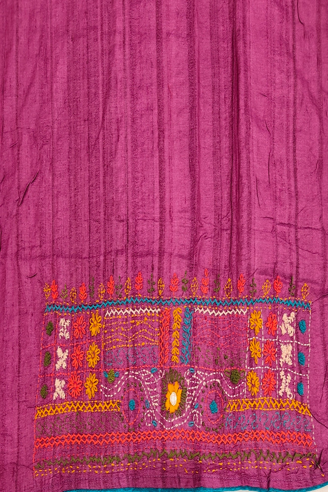 Deep Purple Tussar Hand Embroidery Work Saree, With Unstitched Blouse